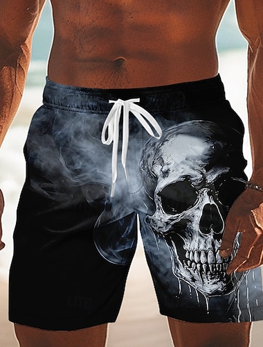  Herren Schädel Badehosen Badeanzüge Badeshorts Boardshorts Mittlere Taille Dunkler Gothic-Stil Outdoor Urlaub Alltagskleidung Seitentaschen Netzfutter Elastischer Kordelzug in der Taille Designer