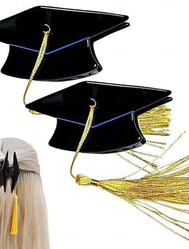  2 Haarspangen mit Quaste in Form einer Absolventenmütze, Mini-Haarspangen mit Absolventenmütze, glitzernde Haarnadeln mit gelber Quaste, süßes Haaraccessoire für Studentinnen