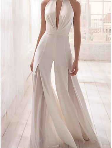  Dame Kjeledresser Elegant Helfarge Ermeløs Bootcut V-hals Daglig Feriereise Normal Svart Hvit Sommer