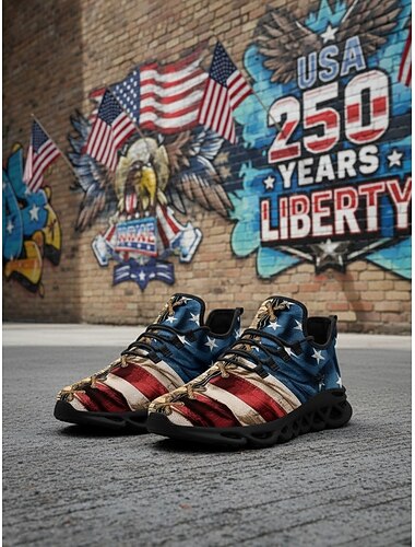  أحذية رياضية رجالية للجري مزينة بعلم الولايات المتحدة الأمريكية - أحذية رياضية خفيفة الوزن وجيدة التهوية برباط، بتصميم وطني مزين بالنجوم والخطوط، مثالية ليوم الاستقلال، والمسيرات، والمهرجانات الشعبية، والمشي في الهواء الطلق، والارتداء اليومي.