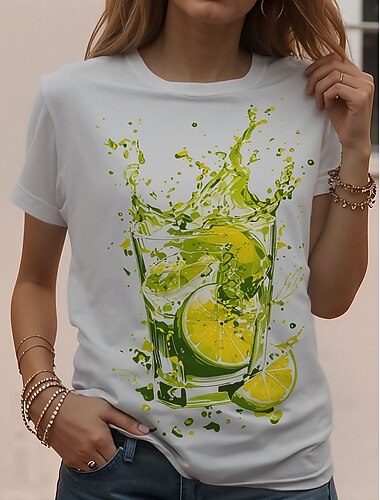  Dame T-shirt Trykt mønster Blomstret Stilfuld Klassisk Afslappet Kortærmet Rund hals Almindelige toppe Daglig Hvid Lysegrøn Grøn Sommer Forår