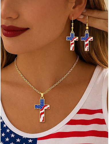  Sett med korskjede og øredobber i legering til dame, patriotiske smykker i gull og sølv, sett med amerikansk flagganheng og øredobber til USAs 250-årsjubileum, uavhengighetsdagen, fritidsklær og ferie