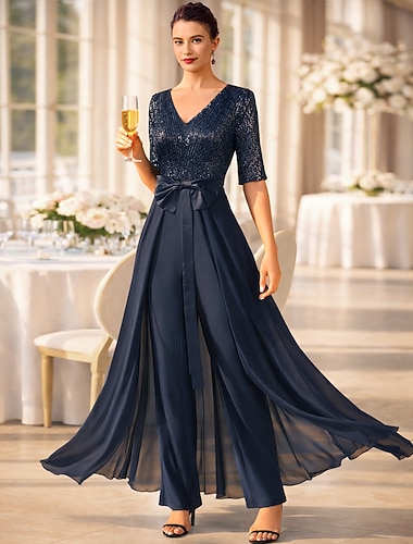  Buksedrakt Ankellengde Kjole til brudens mor Halvlange ermer Øsehals Elegant Formell Bryllupsgjest Chiffon Paljetter med Sløyfe(r) Paljett