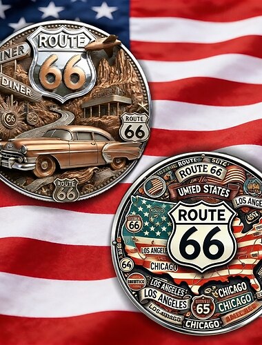  Minnemynt for Route 66 – 100 år med frihet, samlermynt for suvenirer, vintage amerikansk reisegave, design av motorsykkel og klassisk bil, hundreårsminne