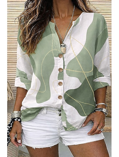  Mulheres Camisa Social Túnica Tops de verão Botões Gráfico Geométrica Abstrato Férias Diário Manga Longa Decote V Tops longos Diário Feriado Para Noite Azul Roxo Verde Verão Primavera