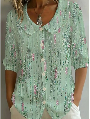  Dames Overhemd Bloemig Grafisch Vintage Stijlvol Peter Pan kraag Lange tops Dagelijks Feestdagen Uitgaan Zwart en Wit Wit Lichtgroen Groen Zomer Lente