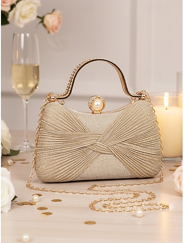  Elegante bolso de noche para mujer, material de poliéster, multicolor, diseño de nudo plisado con correa de cadena, perfecto para bodas, banquetes y eventos de fiesta.