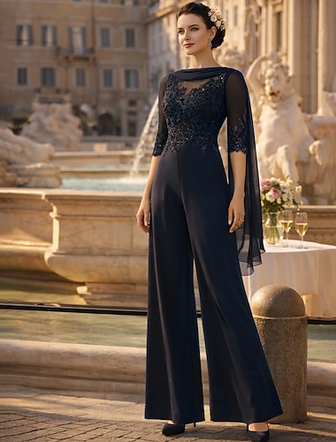  Buksedrakt Gulvlengde Kjole til brudens mor Halvlange ermer Cowl-hals Elegant Formell Bryllupsgjest Blonder Elastisk chiffon med Paljett Appliqué