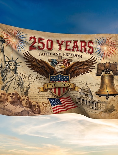  US-Flagge im Vintage-Design zum 250. Jahrestag der amerikanischen Unabhängigkeit mit Adler, Freiheitsglocke und nationalen Symbolen zur Feier des amerikanischen Erbes von 1776 bis 2026