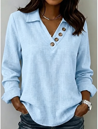  Camisa de mujer, camisas con tacto de lino, blusa, botones, color liso, estilo vintage, elegante, clásico, manga larga, cuello en V, cuello de camisa, hombros descubiertos, tops regulares, tops largos, para uso diario, vacaciones, salir