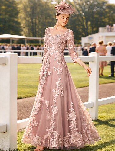  A-linje Kjoler Gulvlengde Gjestekjole til bryllup Formell kjole Aftenkjole Kjole til brudens mor 3/4 ermer Besmykket Elegant Bryllupsfest Blonder med Blonder Plissert Appliqué