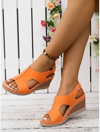  Sandales compensées orange pour femmes – sandales confortables à bout ouvert et bride arrière, avec découpes et semelle antidérapante rembourrée, chaussures d'été décontractées pour les voyages, le
