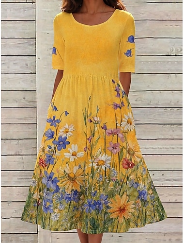  Dámské Midi šaty Úpletové šaty prázdniny Na běžné nošení Cikánský Denní Letní šaty Jarní šaty Běžný Květinový Grafika Krátký rukáv Tričkový Žlutá Světlá růžová Nebeská modř Světle fialová Léto Jaro