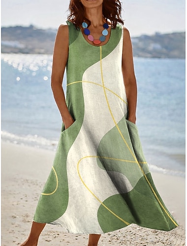  Damen Midikleid Sommerkleid A Linie Kleid Urlaub Lässig Boho Ferien Normale Passform Grafik Abstrakt Ärmellos U-Ausschnitt Blau Rosa Purpur Grün Sommer Frühling