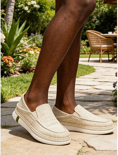  Beige slip-on loafers i lerret til menn, lett, pustende overdel, komfortable utendørssko for reiser og daglig bruk
