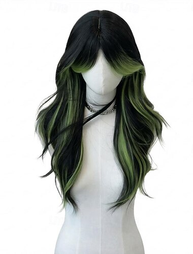  Peruca longa ondulada com franja, em tom preto natural com mechas verdes. &Peruca sintética gótica lolita para cosplay, com risca ao meio e resistente ao calor, ideal para uso diário e festivais.