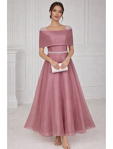  A-Linie Knöchellänge Tee-Länge Cocktailkleider Elegant Halbformelle Kleider Kurzarm U-Boot-Ausschnitt Gartenparty Hochzeit Organza Tiefer Wasserfall-Rückenausschnitt mit Perlenbesetzt Falten Perlen