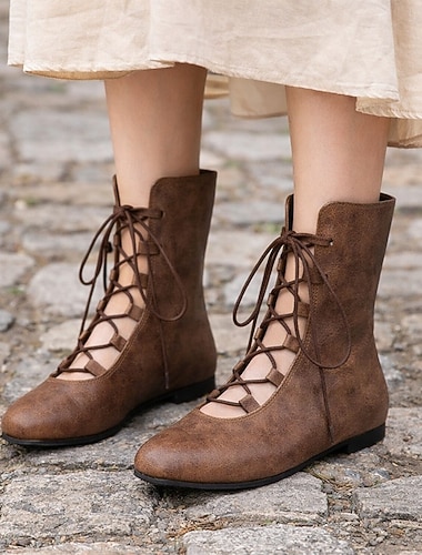  Médiéval Renaissance Bottes Poulaines Elfe Viking À lacets Déguisement Femmes Viking Fantaisie Halloween Carnaval Performance LARP Foire de la Renaissance Adulte Chaussures