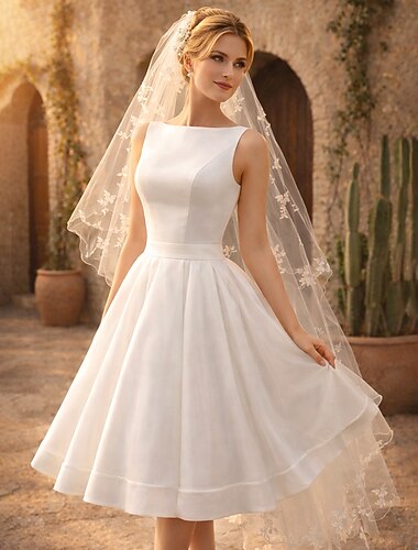  Ligne A Mi-long Robes de mariée Robes pour enterrement de vie de jeune fille robe de mariée ancien Années 1940 / 1950 Petites Robes Blanches Sans manches Col Rond Remise des Diplômes Anniversaire