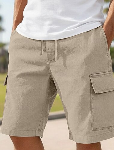  Herren Cargo-Shorts Shorts Leinenshorts Sommershorts Strandshorts Kordelzug Elastischer Bund Mehrere Taschen Einfach Knielang Outdoor Strand Urlaub Hawaiianisch Blau Schwarz Unelastisch