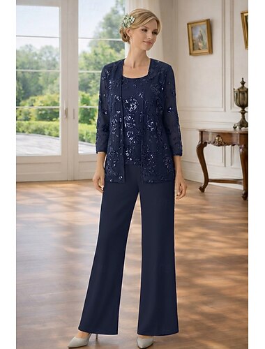  Dos Piezas Traje de 3 piezas Traje de pantalón Hasta el Suelo Vestido de Madrina Sin Mangas Manga 3/4 Camiseta con cuello redondo Elegante Sencillo Embellecido Formal Invitado a la boda Noche formal