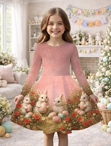  Ostern Mädchen' 3D Grafik Kaninchen Kleid Langarm 3D-Druck Frühling Herbst Täglich Urlaub Party Lässig Prinzessin Schön Kinder 4-12 Jahre Freizeitkleid A Linie Kleid Knielang Normale Passform