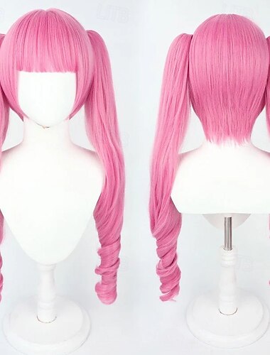  Peruca longa rosa com duas tranças e franja, estilo aventureira do oceano, perfeita para festas de cosplay.