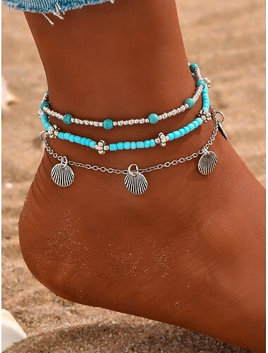  Set di cavigliere in lega da donna in stile bohémien, multicolore, con ciondoli a conchiglia, ideale per l'uso quotidiano, le vacanze e i viaggi