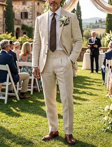  Heren Linnen pakken Lente bruiloft liiketoiminta Wit Blozend Roze Lente zomer Pak Ingesneden revers Retro vintage Formeel Effen Getailleerd 2-delige set Enkele rij knopen met twee knopen