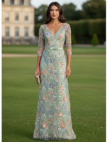  Ligne A Robe Longueur au sol Robe d'invité de mariage Robe de Mère de Mariée  Manche 3/4 Col en V Élégant ancien Formel robe demoiselle d honneur Semi-Formel Chiffon Dentelle Tulle avec Broderie