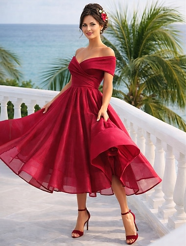  Linha A Longuette Vestidos de cocktail Vestidos de festa Vintage Anos 50 Sem Manga Ombro a Ombro Convidado do casamento Tule com Pregas