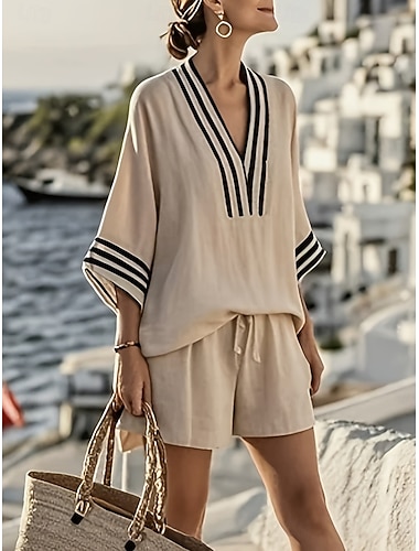  Mujer Conjuntos de pantalones cortos Lino de algodón sintético Manga 3/4 Escote en Pico A Rayas Vacaciones Diario Casual Diario Exterior Negro Blanco Rosa Verano Holgado