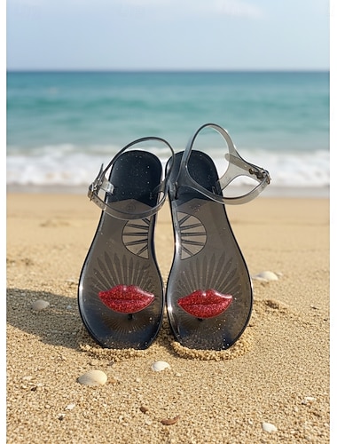  Transparante jelly sandalen voor dames met enkelbandje – lichtgewicht, waterdichte strand- en vakantieschoenen, schattig lippendesign, zomerresort, zwembad en vakantiekleding.