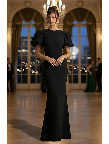  Sereia Longo Vestido de formatura Vestido de convidada de casamento Vestido de noite Vestidos de baile Elegante Manga Curta Gola Redonda Baile de Formatura Formal Linho com Laço(s) Bloco de Cor