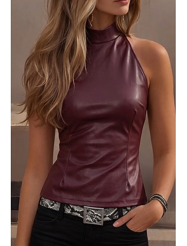 Damen Eng anliegender Top Kunstleder-Tanktop Tunika Rückenverschluß Elegant Vintage Stilvoll Ärmellos Hoher Ausschnitt Normale Oberteile Täglich Ausgehen Wochenende Schwarz Fuchsie Braun Sommer