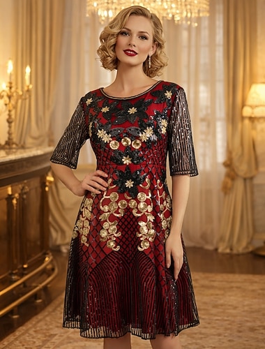  שנות השבעים השואגות שנות ה-20 באורך  הברך השמלה שרוולים קצרים גאטסבי הגדול צ'רלסטון פאייטים נצנצית תחפושות בגדי ריקוד נשים חג המולד קרנבל ספיקאיזי נשף מסכות מסיבת נושא רטרו מבוגרים שמלה כל העונות