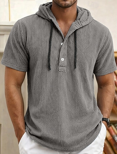  Per uomo Camicia Camicia popover Camicia casual Camicia di Velluto a Coste Bianco Blu marino Grigio Azzurro Manica Corta Semplice Con Cappuccio Casuale Quotidiano Tasca Frontale Abbigliamento