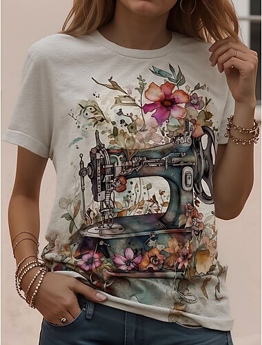 Dames T-shirt Afdrukken Grafisch dier Planten Vintage Stijlvol Klassiek Korte mouw Strakke ronde hals Ronde hals Normale tops Dagelijks Weekend Zwart Wit Geel Blozend Roze Rood en wit Zomer Lente