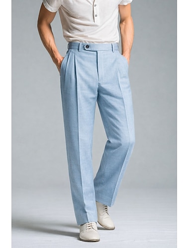  Herren-Anzughose aus Baumwoll-Leinen, leichte, elegante Freizeithose, normale Passform, Frühling & Sommer
