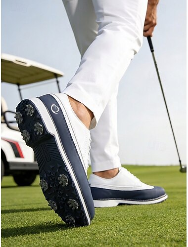  Herre golfsko i hvitt og brunt, skinnoverdel, lett demping, sklisikker såle, ideell for golfbane og utendørsaktiviteter