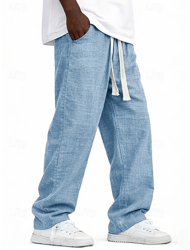  Herren Leinenhosen Hose Sommerhose Baggy-Hosen Tasche Elastischer Bund Gerader Schnitt Einfarbig Komfort Bequem Volle Länge Lässig Täglich Ferien Urlaub Mode Blau Schwarz Unelastisch
