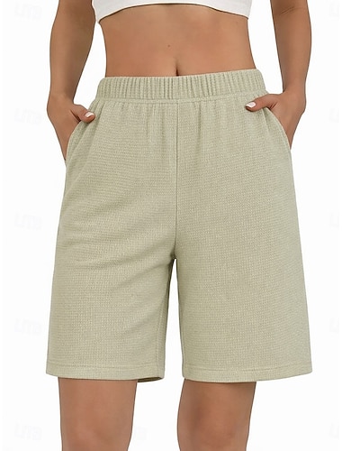  Damen Bermudashorts Waffel Chinos Shorts Urlaub Mode Streetwear Knielang Hohe Taille Einfach Elastischer Bund Bequem Komfort Weich Dehnbar Täglich Outdoor Straße Grün Khaki Beige Grau Sommer Frühling