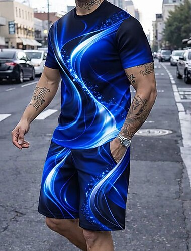  Herre Geometrisk Linje 2stk T-skjorter sett Sommertopper Kortermet Korte bukser Crew-hals Fritid Daglig utendørs Ut på byen 3D-utskrift Sommer Blå Rød Lilla