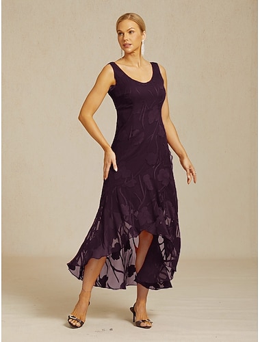  Damen Midikleid Rüschenkleid Elegant Täglich Urlaub Hochzeitsgast Spitze Geschichtet Normale Passform Blumen Ärmellos Kurzarm U-Ausschnitt Zwetsche