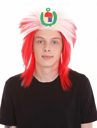  Perruque de supporter de l'équipe nationale du Pérou 2026 - Accessoire de costume de supporter de football rouge et blanc