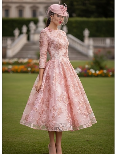  A-Linie Knöchellänge Tee-Länge Cocktailkleider Elegant Vintage Blumen Langarm Rundhalsausschnitt Formell Hochzeitsgast Tasche Satin Jacquard Tiefer Wasserfall-Rückenausschnitt mit Blumenmuster