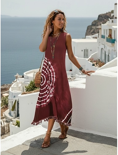  vestito midi da donna bohemien senza maniche scollo tondo tie-dye dettaglio frange spiaggia casual blu bianco taglia unica estate moda abbigliamento abbigliamento