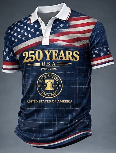  4 juillet 2026, 250e anniversaire Homme Drapeau Américain Polo Manche Courte Polos Revers Occasionnel Athleisure Tenue quotidienne Vêtements de festival Impression 3D Boutons Printemps & Été Bleu