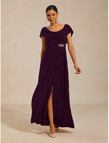  Dame Maxikjole Kjole med A-linje Formelt Aftenselskap Flettet Delt Normal Helfarge Ermeløs Cowl-hals Aubergine