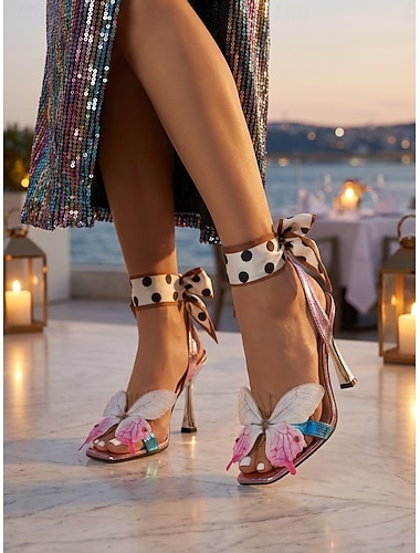  Escarpins roses à brides papillon pour femme - sandales métallisées à pois pour soirées, fêtes et galas